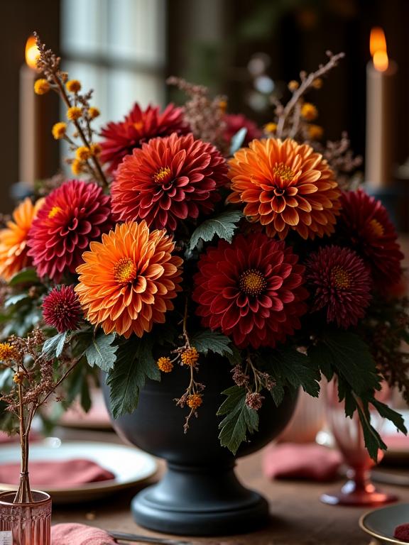 An autumnal floral centerpiece with dahlias and dark foliage.