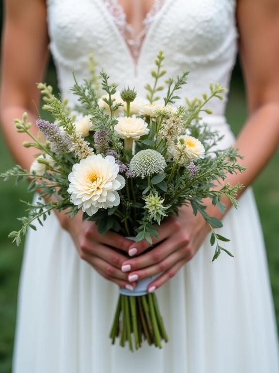 A bride holding a rustic wildflower bouquet.