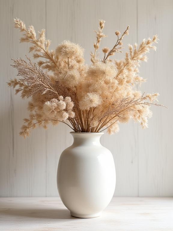 An elegant dried flower arrangement in a ceramic vase.