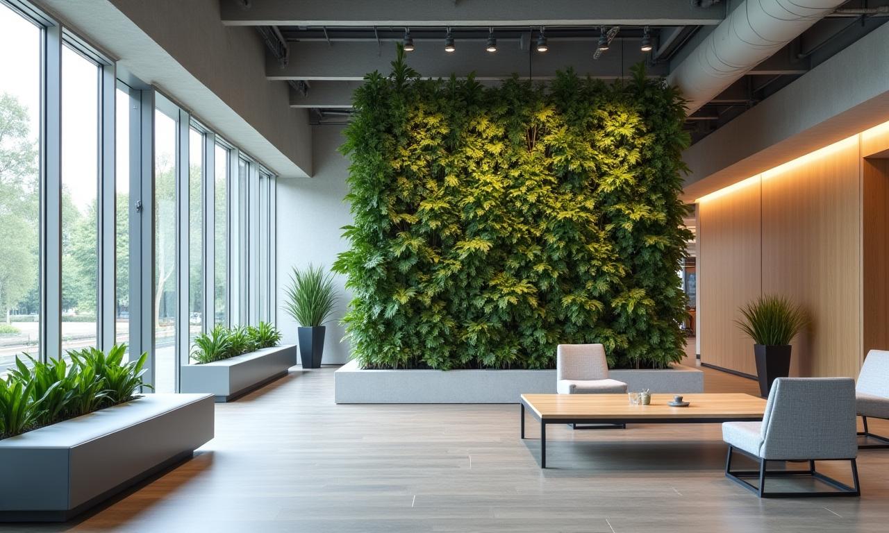 A minimalist botanical art installation in a modern office space.