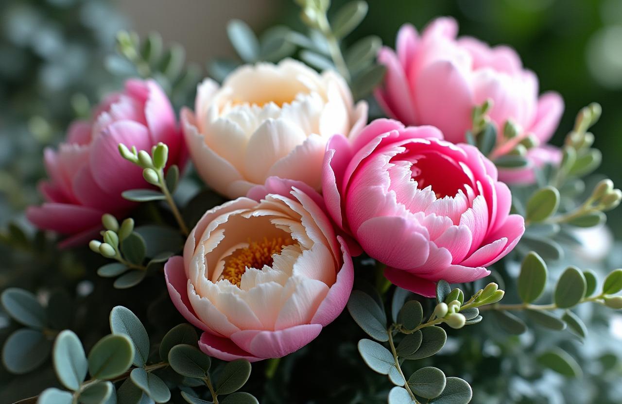 A stunning, lush floral arrangement by Astra Blooms featuring peonies and eucalyptus.