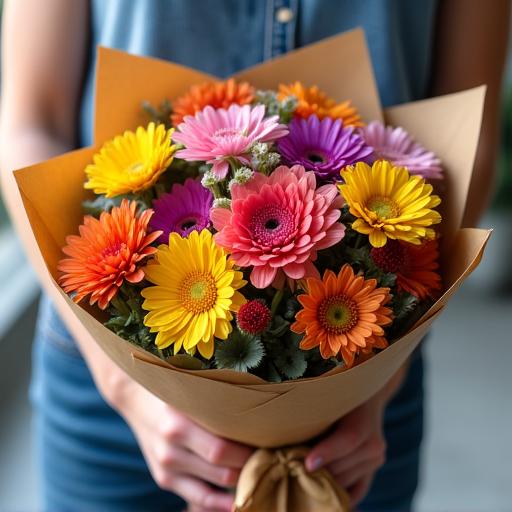 A person holding a large, colorful custom bouquet wrapped in brown paper.