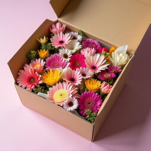 An open subscription box revealing fresh-cut flowers ready for arrangement.