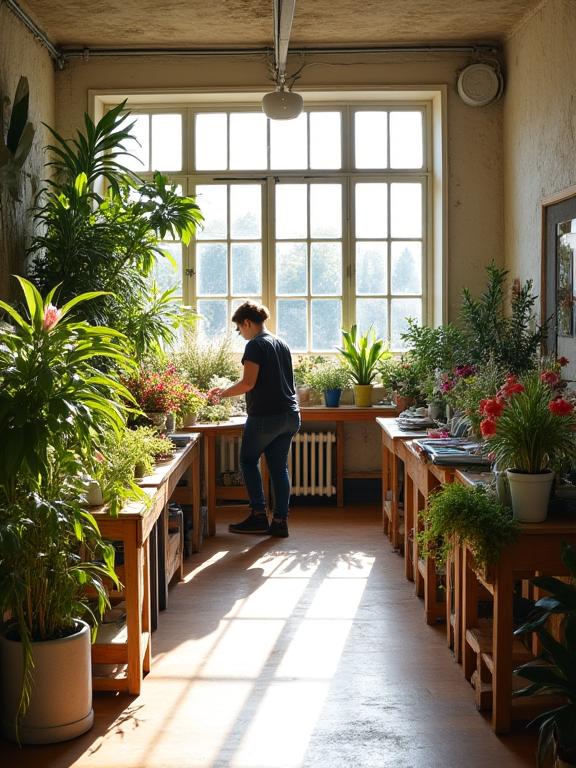 The bright and plant-filled interior of the Astra Blooms studio in Bristol.
