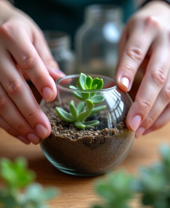 Close-up of hands carefully placing a succulent into a glass terrarium.